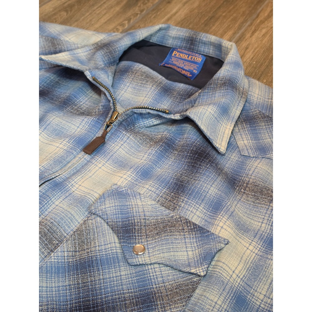 Vtg Pendleton High Grade Western Wear Blue Plaid Wool Zip Up Shirt Jacket Mens L